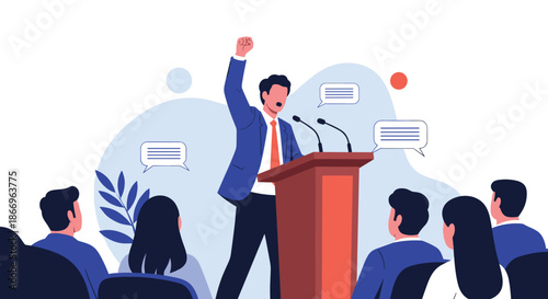 Charismatic speaker or political leader giving an inspiring speech at a podium to an engaged audience during a conference.