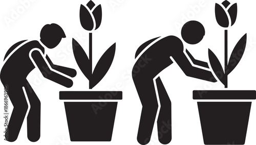 Gardening Hobby Icons Depicting People Planting Flowers in Pots for Nature and Environmental Care