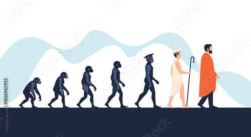 Conceptual illustration depicting the evolution of humankind from early hominids to modern man, culminating in spiritual growth.