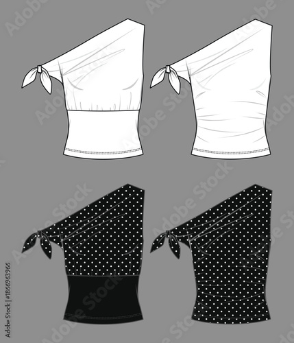 One-shoulder women’s sleeveless top vector, slim fit bow blouse fashion CAD, technical flat illustration, mockup template, white dot pattern