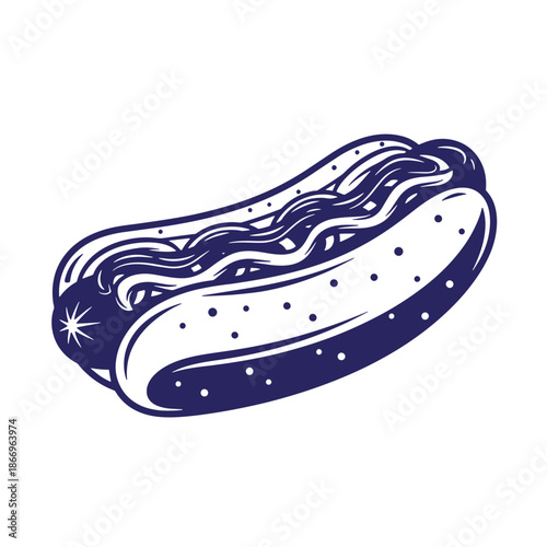 Illustration of a hot dog with condiments on a bun in a classic graphic style  food icon