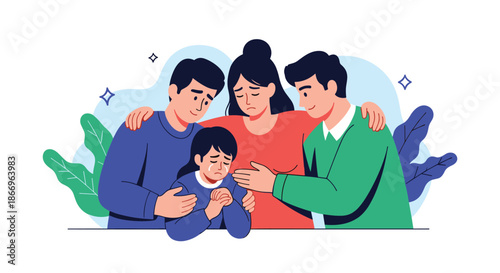 Caring group of adults providing comfort and support to a sad and crying child, showing empathy and compassion.