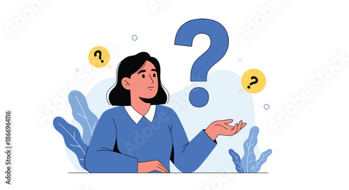 Puzzled young woman shrugging with a large blue question mark above her head, illustrating confusion, doubt, and the need for answers.