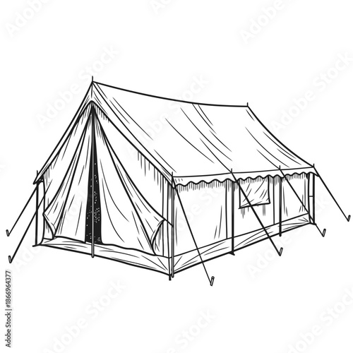 A simple line drawing of a tent with a pointed roof and fabric walls and poles