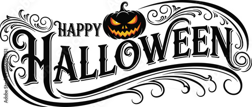 Happy Halloween greeting, spooky jack-o'-lantern, ornate lettering, festive design, holiday celebration, scary pumpkin face, flat vector illustration