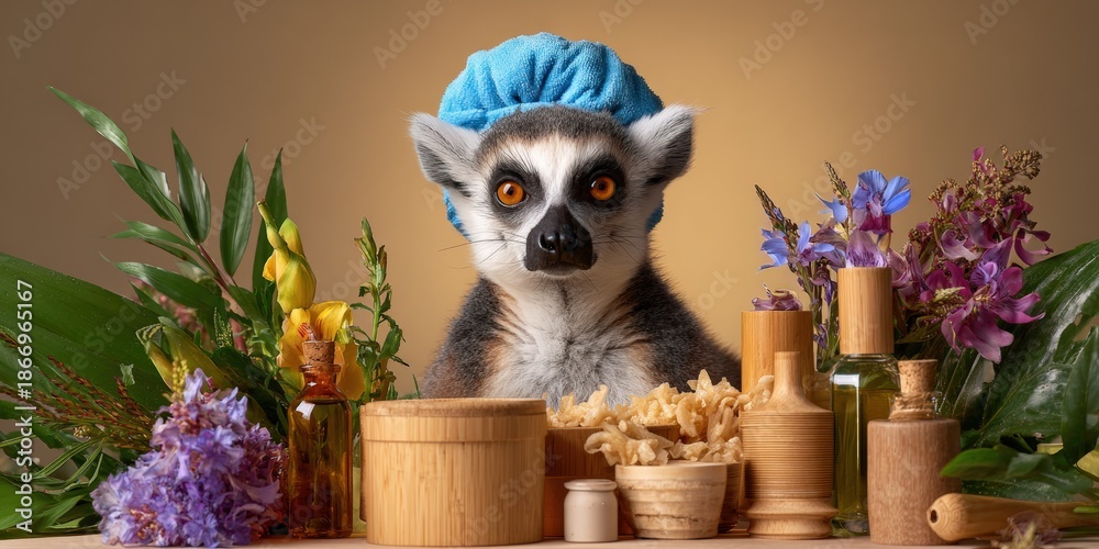 Obraz premium Lemur with blue shower cap surrounded by natural spa elements and flowers