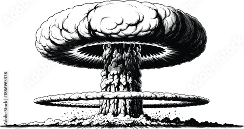 Nuclear detonation, atomic explosion, mushroom cloud, war blast, apocalyptic smoke, shockwave ring, destruction concept, fallout burst, flat vector illustration