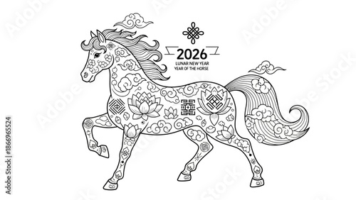 Black and white line art of a running horse with floral patterns for coloring.