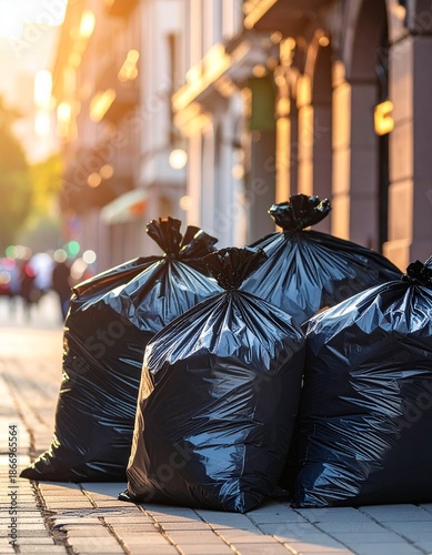 Wallpaper Mural Black Garbage Bags Lined Up on Sidewalk in Bright Sunlight, Waste Disposal. Torontodigital.ca