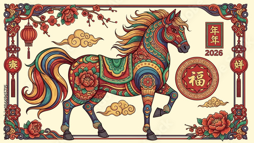 Vibrant Horse Illustration for Chinese New Year 2026 Celebration.