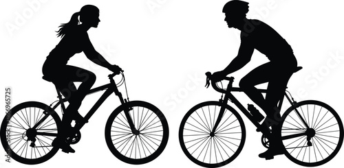 Silhouette of two cyclists riding bikes facing each other, outdoor activity, healthy lifestyle, black vector art, flat vector illustration
