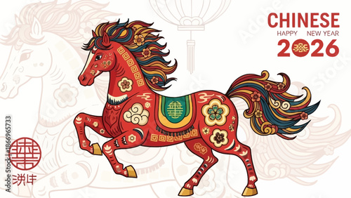 Vibrant Red Horse Illustration for Chinese New Year 2026 Celebration.