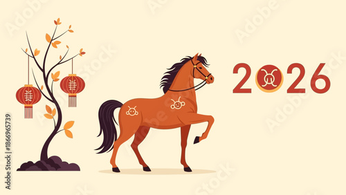 Chinese New Year 2026 Horse Zodiac Illustration.