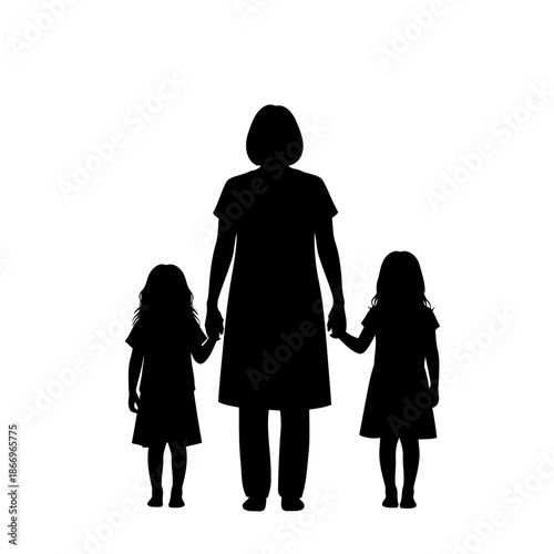 A silhouette of a woman and two children standing together