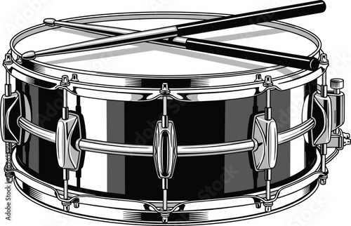 Snare drum line drawing, percussion instrument sketch, drumsticks on drumhead, musical equipment outline, band gear graphic, flat vector illustration