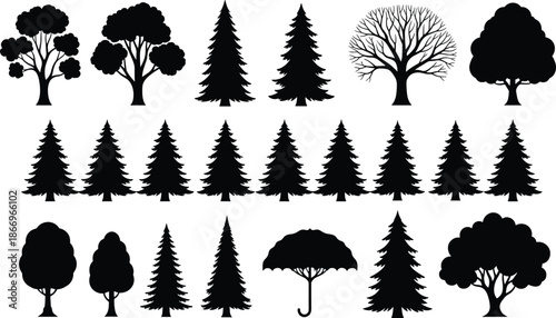 Tree silhouette collection, conifers, broadleaf shapes, umbrella tree, seasonal foliage, botanical diversity, forest icons, flat vector illustration