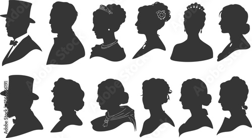 Vintage silhouette portraits, Victorian fashion characters, historical costume profiles, elegant retro figures, antique hairstyle icons, classic era people, flat vector illustration