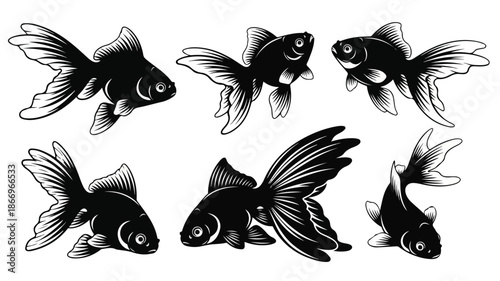 A set of six black and white goldfish illustrations with various swimming poses against a clean white background.
