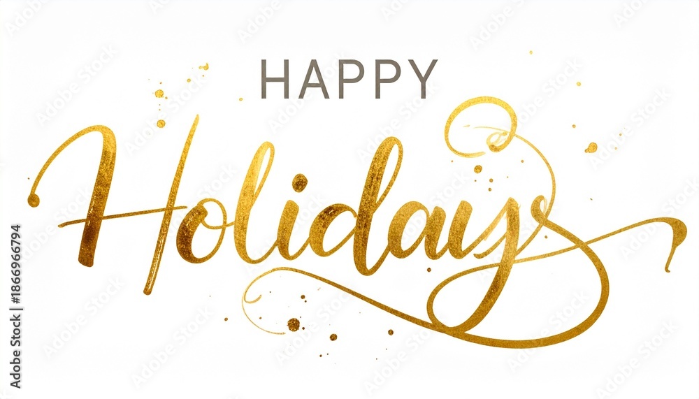 Fototapeta premium Elegant golden “HAPPY Holidays” script with a decorative flower on a clean white background.