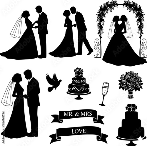 Wedding silhouettes set with bride, groom, cake, and floral elements