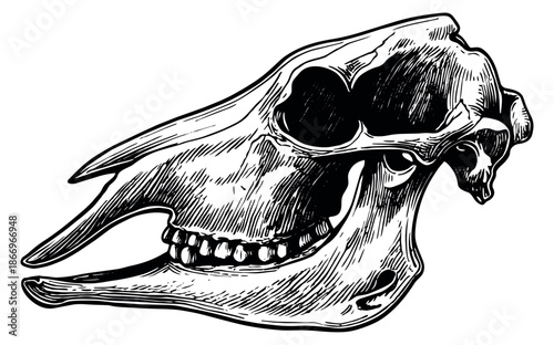 Hand drawn line art illustration of an equine skull depicting a detailed side profile for anatomy or western themes