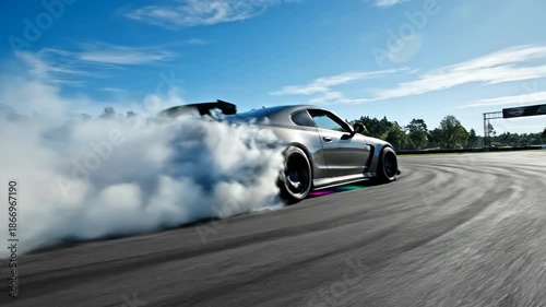 Drifting sports car on track with smoke and tires screeching