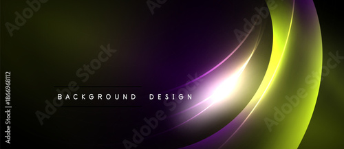 Abstract background features curved lines, vibrant colors. Yellow, purple gradients blend into dark space. Modern design element.