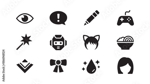 Anime and pop culture icon set featuring eye, speech bubble, pen, game controller, magic wand, mecha head, cat ears, ramen bowl, rank chevron, ribbon bow, tear drops, and bob hairstyle wig.