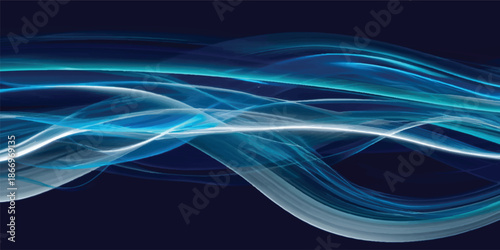 A futuristic abstract blue wave design features flowing fractal lines and glowing light effects to create a motion pattern of energy across a dark textured backdrop