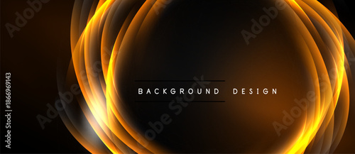 Abstract golden layers create dynamic circular design. Dark background emphasizes glowing effect, modern aesthetic.