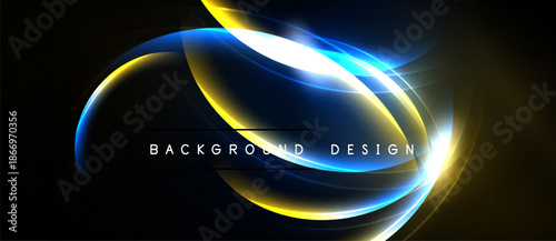 Abstract design features luminous curves, vibrant blue, gold hues. Dark background emphasizes glowing elements, creating dynamic visual effect.