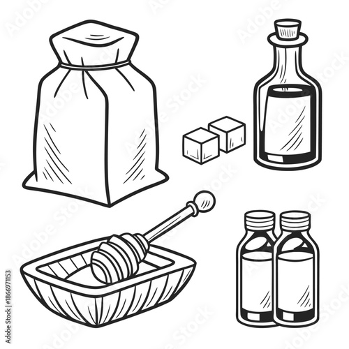 Black and white illustration of various sweetener items including a bag, honey dipper in bowl, bottles, and sugar