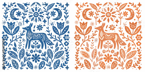 Folk art featuring deer flowers and celestial motifs in blue and orange