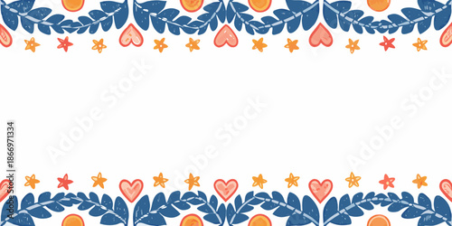 A decorative border featuring hearts leaves and stars on a white background