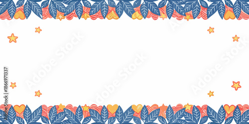 A decorative frame with blue leaves orange hearts and scattered yellow stars