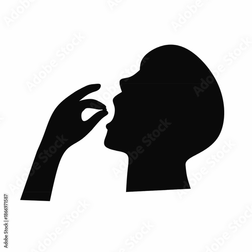 Medicine pill icon. A head with an open mouth and a hand holding a round medicine pill. Isolated on a white background. Vector illustration.