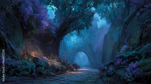 Enchanted Forest Pathway with Vibrant Flora and Mystical Light