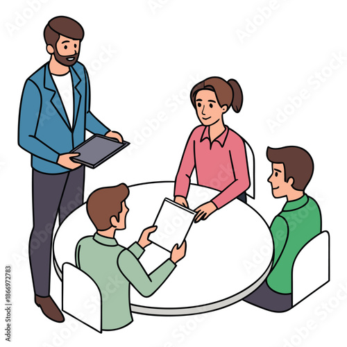 Group of business people discussing documents in a meeting around a white table in a modern office setting