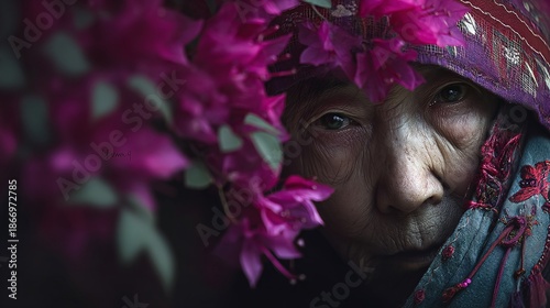 Elderly Woman with Flowering Bougainvillea in Colorful Headscarf