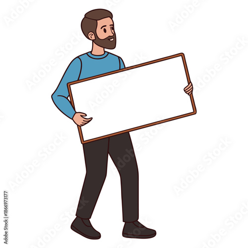 Cartoon man holding large blank white sign board for advertising or messaging