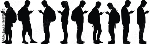 Silhouette collection of students standing in line using smartphones, young people with backpacks texting, cad drawing flat vector illustration