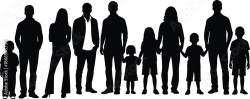 Silhouette collection of large family group, parents standing with children and teenagers, men and women, cad drawing flat vector illustration