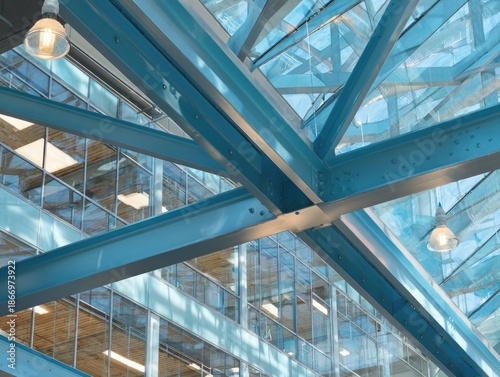 Overhead view of a teal-colored support framework with multiple crossbeams and glass ceiling