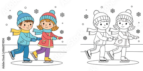 Coloring book page of happy boy and girl ice skating together, winter vector illustration with color guide and black outline.