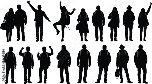 Silhouette collection of hikers, tourists with backpacks, standing and waving people, outdoor activity group, cad drawing flat vector illustration