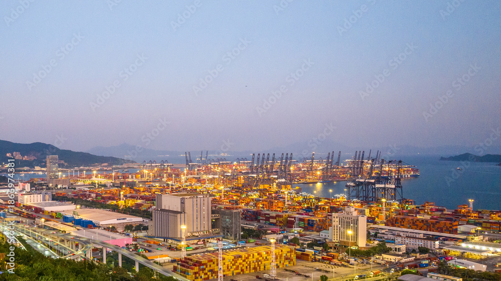 Fototapeta premium Aerial View of Yantian Port Container Terminal, Shenzhen at Dusk