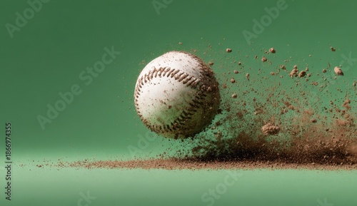Baseball in mid-air with dirt explosion against a solid green backdrop
