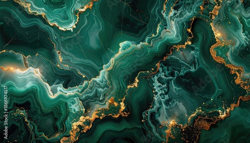 Abstract emerald green and gold marbled texture with glittering particles and flowing organic lines representing luxury and elegance