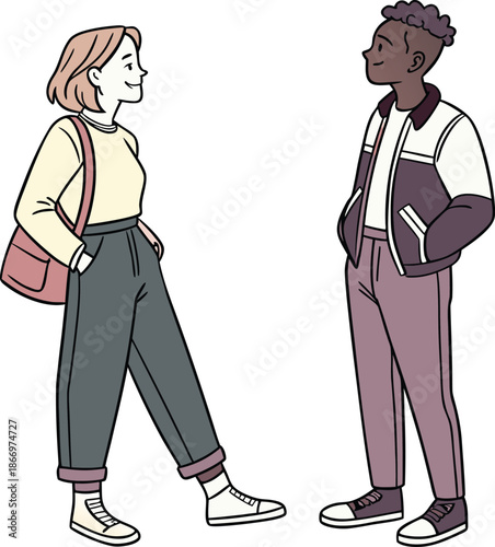 Illustration of diverse young adults engaging in a friendly interaction or conversation