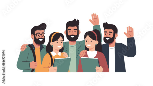 Diverse group of happy young people standing together smiling and waving showcasing friendship and teamwork.